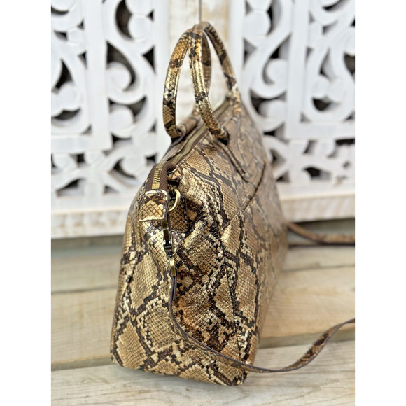 HOBO INTERNATIONAL Sheila Medium Satchel Crossbody Metallic Golden Snake Leather - Picture 3 of 11